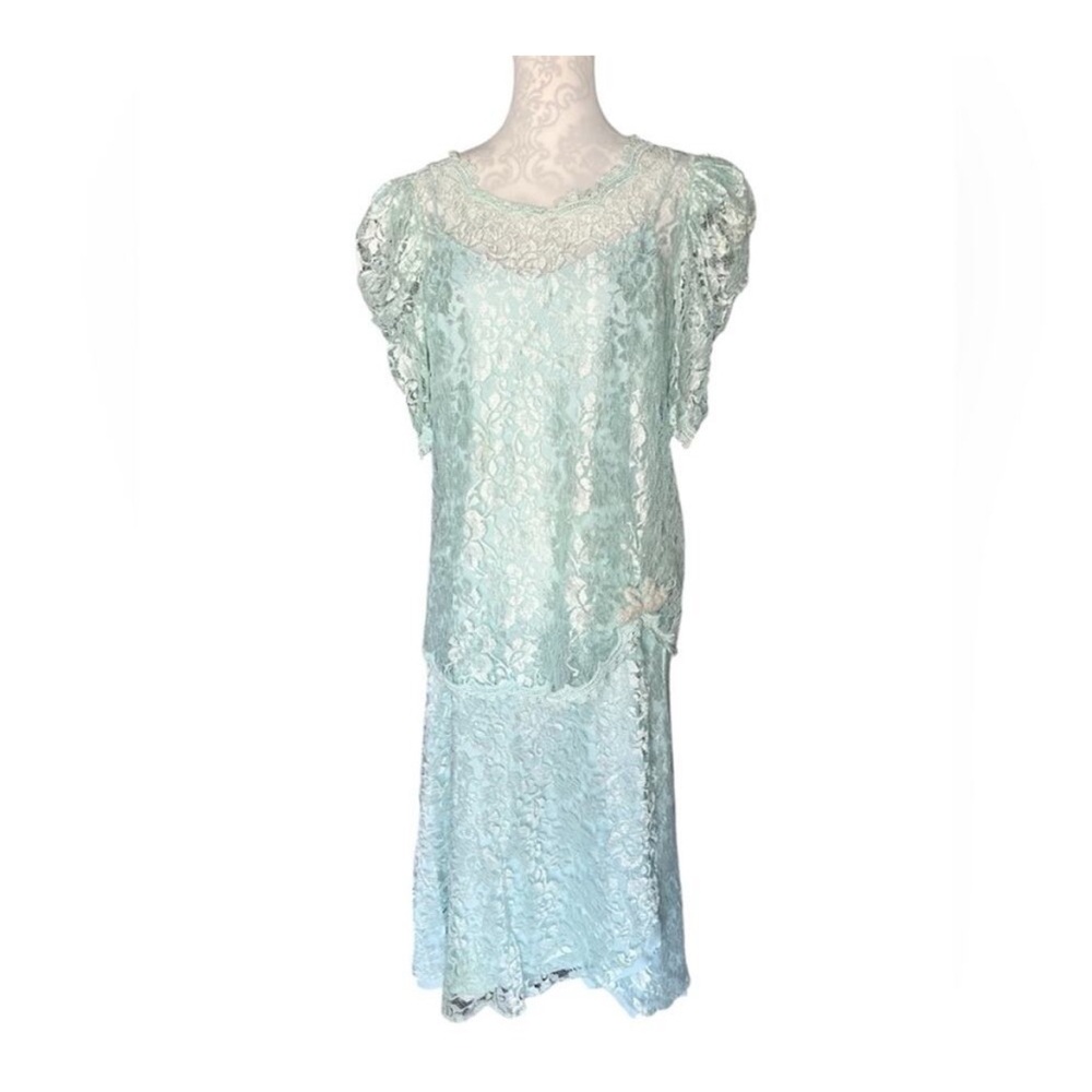JCPenney 1980s Aqua Taffeta and Lace Two Piece Sleeveless Prom Dress